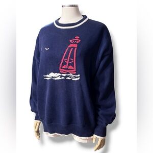 LORD JEFF Navy Cotton Crew Neck Sweater Nautical Buoy  Size Large VINTAGE